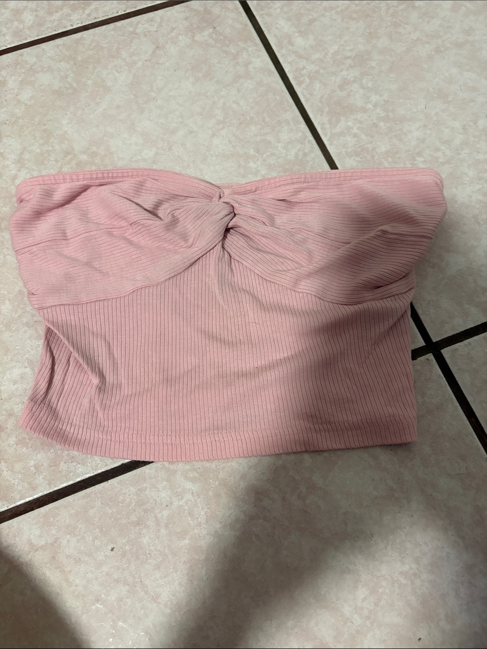 SHEIN Pink Ribbed Twist-Front Strapless Crop Top